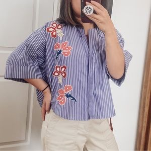 ZARA Women Elbow Sleeve Striped‎ Embroidered Floral. Size S